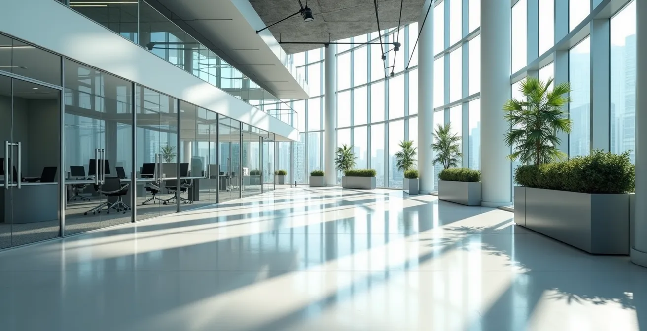 Architecture moderne de bureaux avec espaces lumineux et design épuré