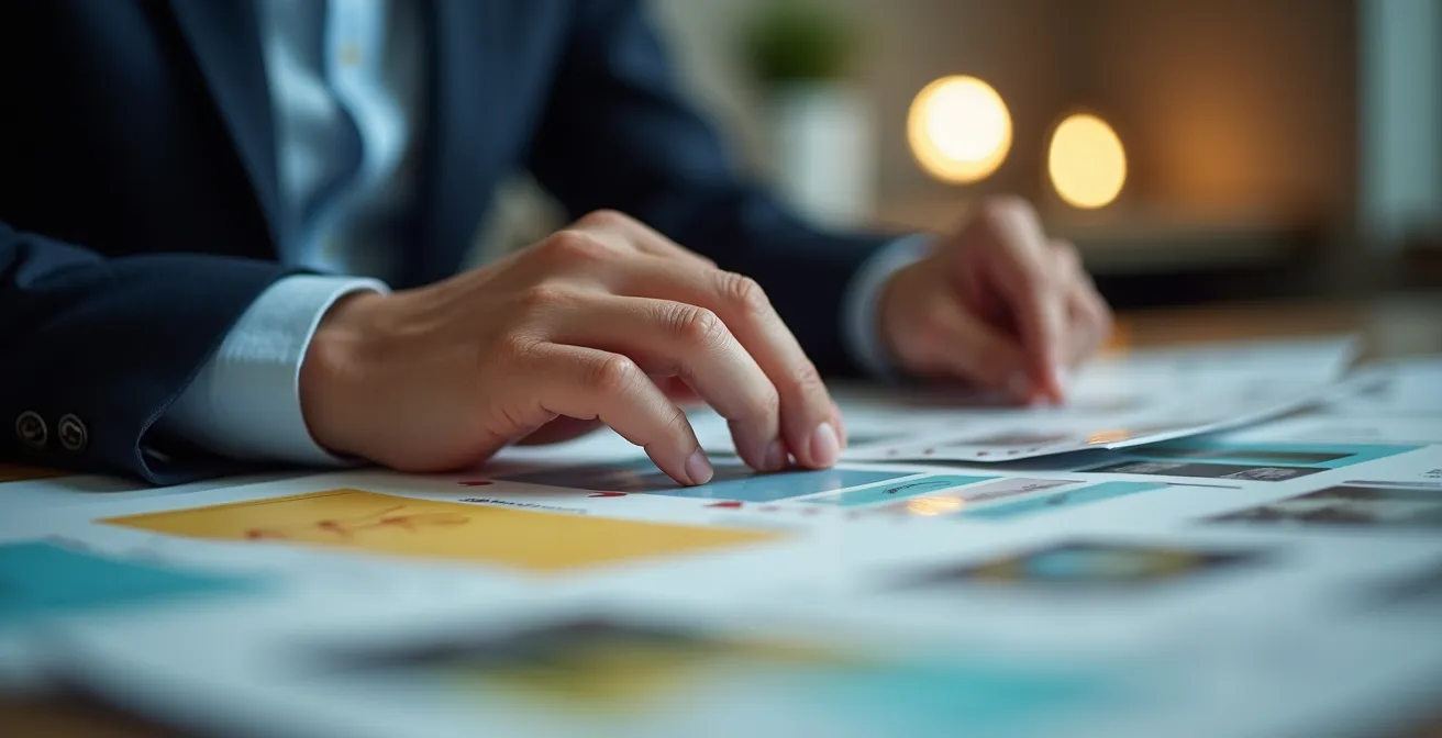 Mains humaines manipulant avec précision des documents professionnels colorés