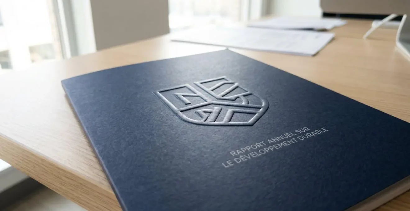 Gros plan sur un logo en relief gaufré sur la couverture d'une plaquette commerciale, montrant les détails de texture et les jeux de lumière sur la surface