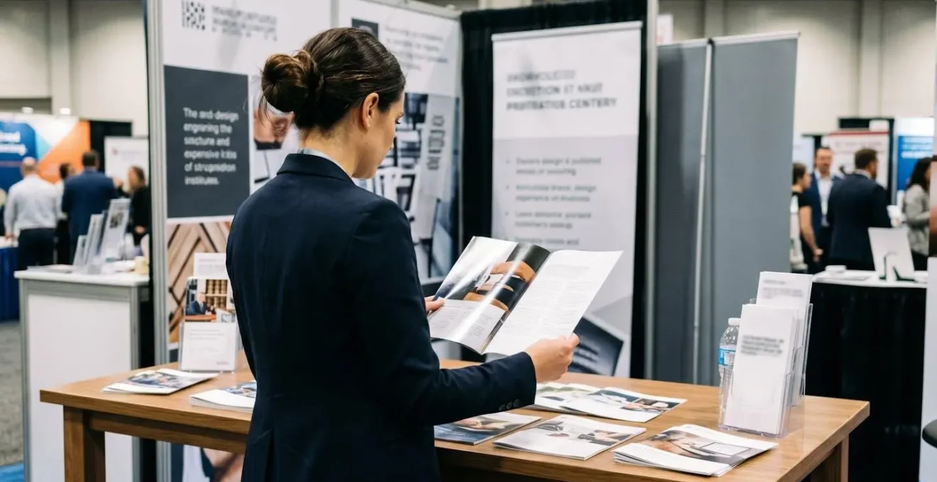 Vue de dos d'une professionnelle examinant et touchant plusieurs plaquettes commerciales avec finitions différentes sur une table de salon professionnel