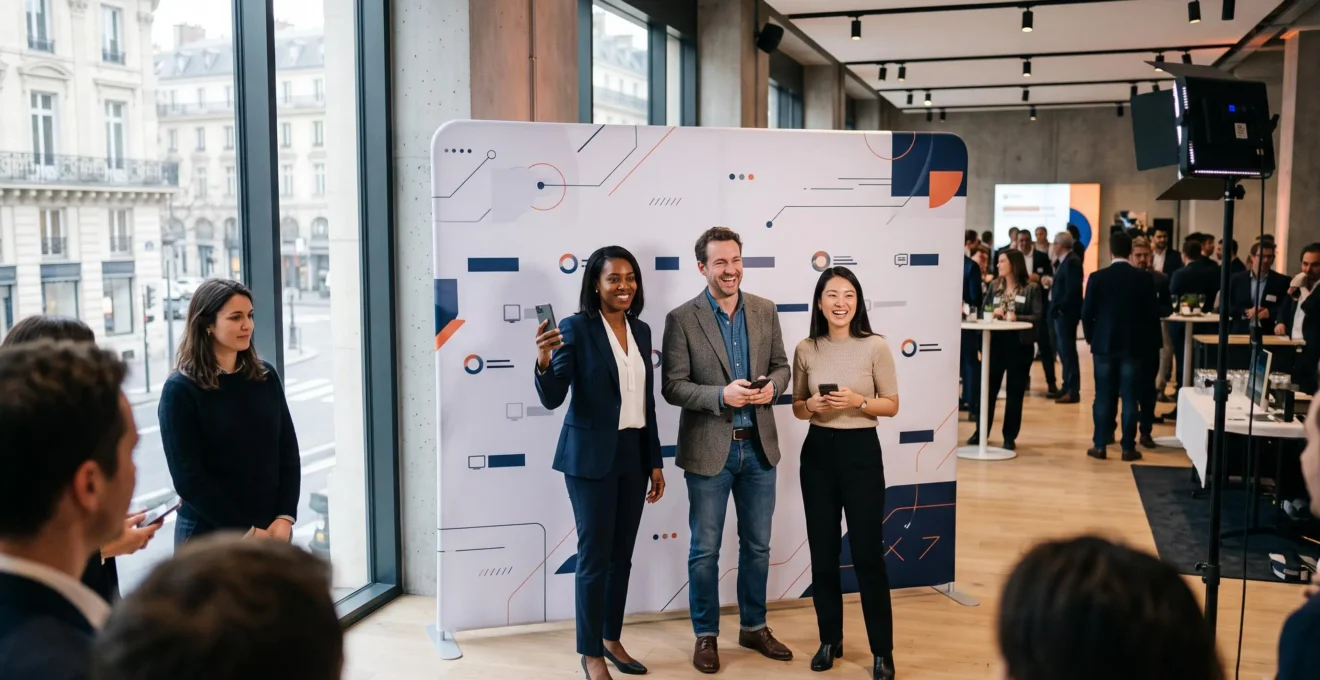 Professionnels utilisant un photocall tendu lors d'un événement de lancement produit dans un lieu événementiel parisien moderne