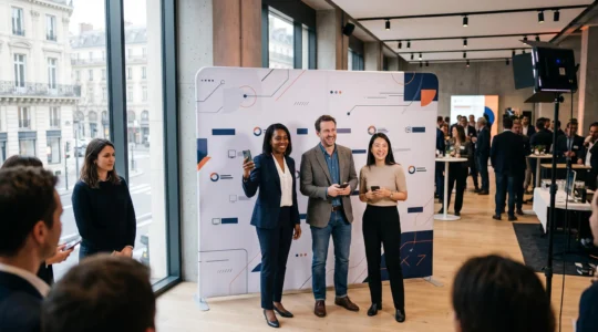 Professionnels utilisant un photocall tendu lors d'un événement de lancement produit dans un lieu événementiel parisien moderne