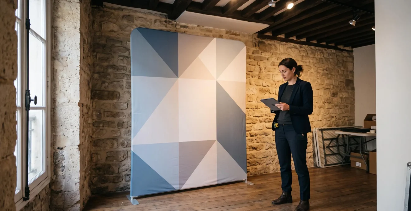 Structure de photocall autoportante installée dans un showroom du Marais avec contraintes de hauteur et professionnel évaluant l'aménagement spatial